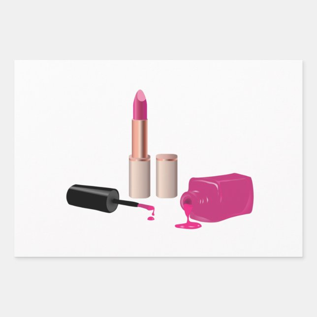 Pink Glam Lipstick & Nail Polnische Schönheit Them Geschenkpapier Set (Vorderseite)