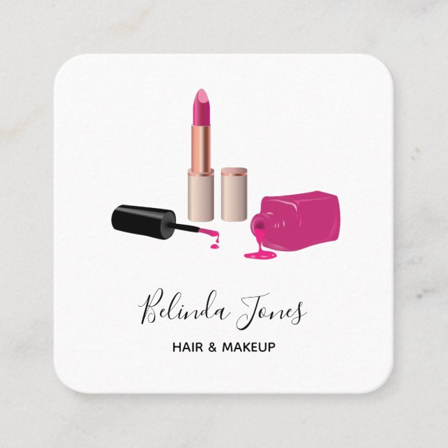 Pink Glam Lipstick & Nail Polnische Schönheit Them Quadratische Visitenkarte (Vorderseite)