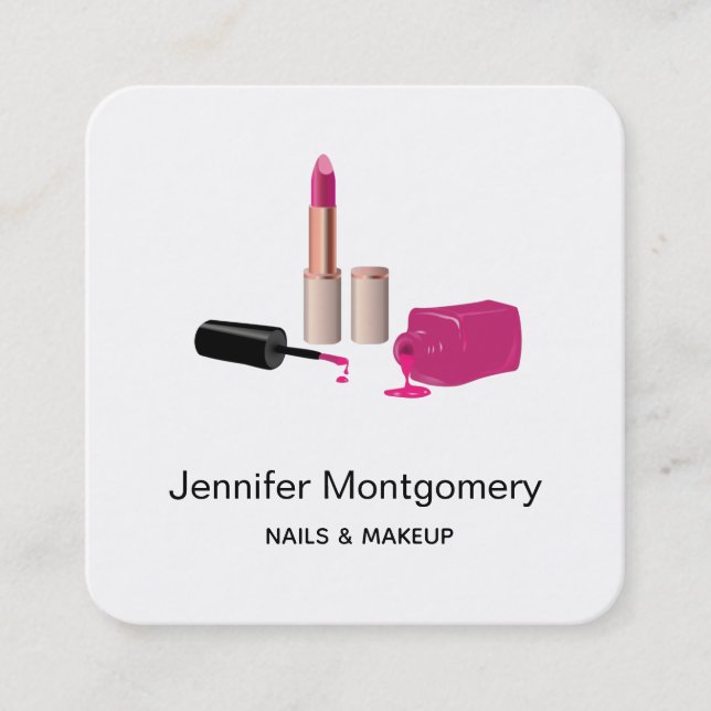 Pink Glam Lipstick & Nail Polnische Schönheit Them Quadratische Visitenkarte (Vorderseite)