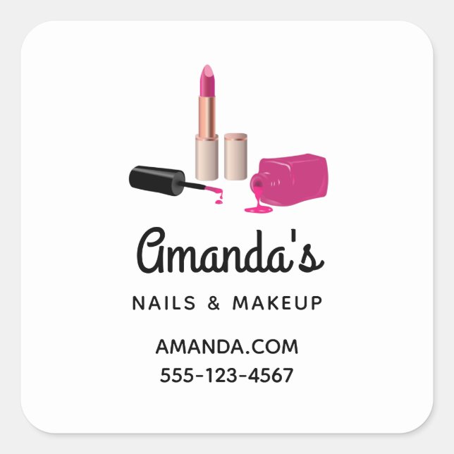 Pink Glam Lipstick & Nail Polnischer Schönheitsges Quadratischer Aufkleber (Vorderseite)