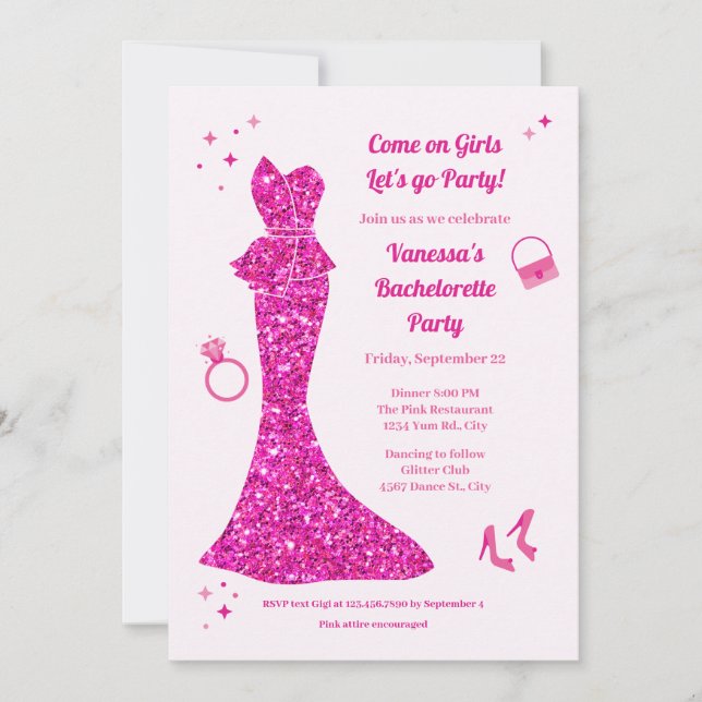 Pink Glamour Dress Junggeselinnen-Abschied Einladung (Vorderseite)