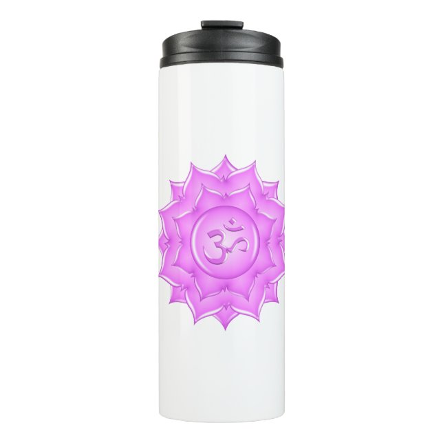 Pink Glass Lotus Blume Om Symbol Zeichnend Thermosbecher (Vorderseite)
