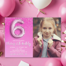 Pink Glitter 6th Birthday for Girl with Photo