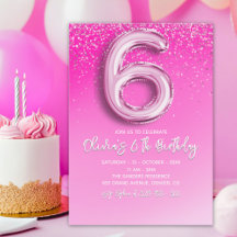 Pink Glitter Ballon Numer - 6th Birthday for Girls