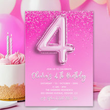 Pink Glitter Balloon 4th Birthday for Girls