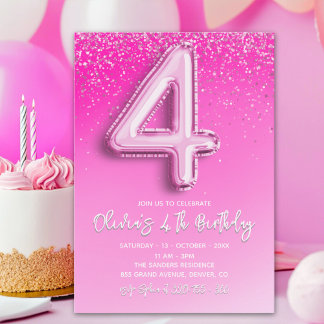 Pink Glitter Balloon 4th Birthday for Girls Einladung