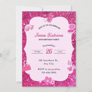 Pink Glitter Birthday Invitation   Girls Party