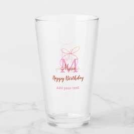 Pink glitter bow add name letter monogram birthday glas