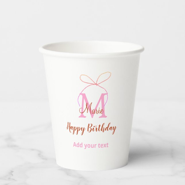 Pink glitter bow add name letter monogram birthday pappbecher (Vorderseite)