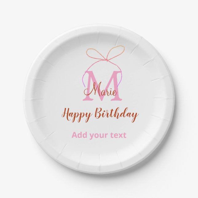 Pink glitter bow add name letter monogram birthday pappteller (Vorderseite)