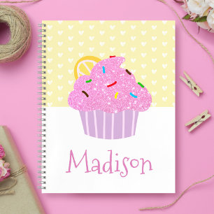 Pink Glitter Cupcake Weiße Herzen auf Gelb Name Notizbuch