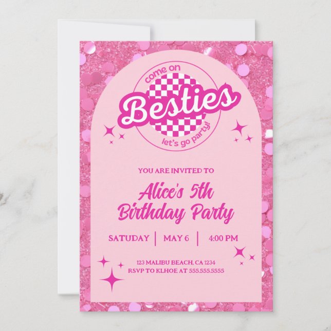 Pink Glitter Doll Themed Birthday Invitation Einladung (Vorderseite)