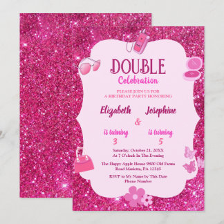 Pink Glitter Double Birthday Party For Girls Einladung