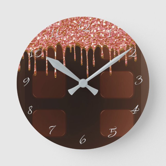 Pink Glitter Drip Chocolate Candy Bar Glam Runde Wanduhr (Vorderseite)