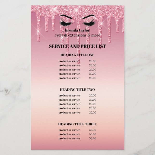 Pink Glitter Dripps EYELASH SALON SERVICE LIST Flyer (Vorne)