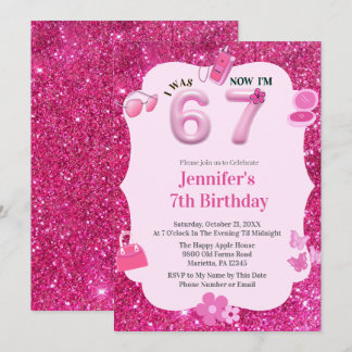 Pink Glitter Girl 7th Birthday Was 6 Now 7 Einladung