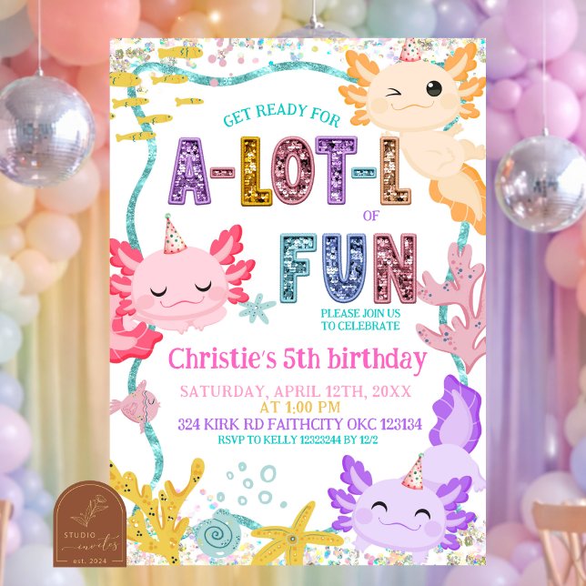 Pink Glitter girl Axolotl birthday invitation (Créateur téléchargé)