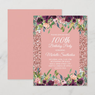 Pink Glitter Lila Blumen 100. Geburtstag Karte