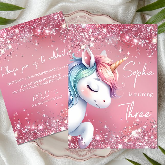Pink Glitter Rainbow Unicorn Birthday Einladung (Von Creator hochgeladen)