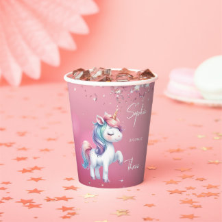 Pink Glitter Regenbogen Einhorn Geburtstag Pappbecher