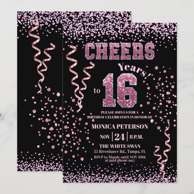 Pink Glitter Rhinestones 16th Birthday Party  Einladung (Vorne/Hinten)