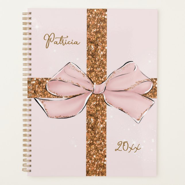 Pink Glitter Stripes & Bow Personalized Planner Planer (Vorderseite)