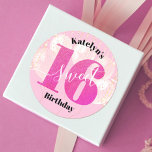 Pink Glitter Sweet 16 Birthday Balloons Script Runder Aufkleber<br><div class="desc">“Happy Sweet 16”. Celebrate her birthday with this stunning, simple, festive, modern, personalized round sticker. Bold, graphic, black typography and white handwritten script overlay a hot pink glitter “16”, blush pink balloons and gold sparkly string lights on a soft light pink background. Personalize the custom text with your daughter’s name....</div>