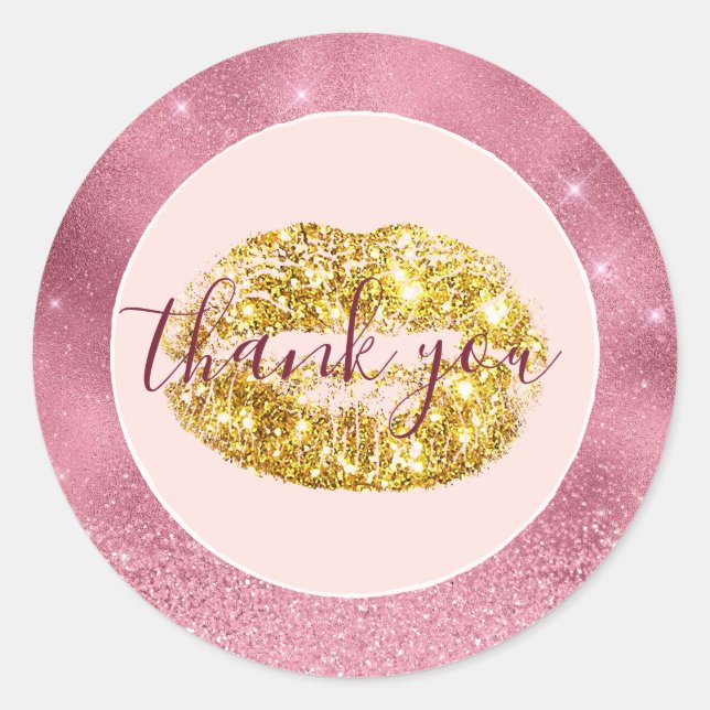 Pink Glitz Gold Lips Vielen Dank Runder Aufkleber (Vorderseite)
