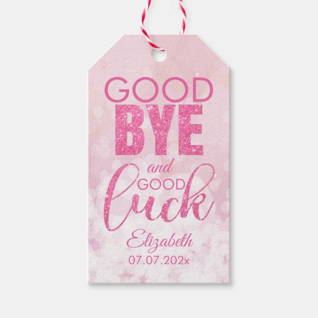 Pink Glitzer Auf Wiedersehen und Viel Glück Geschenkanhänger (Vorderseite)