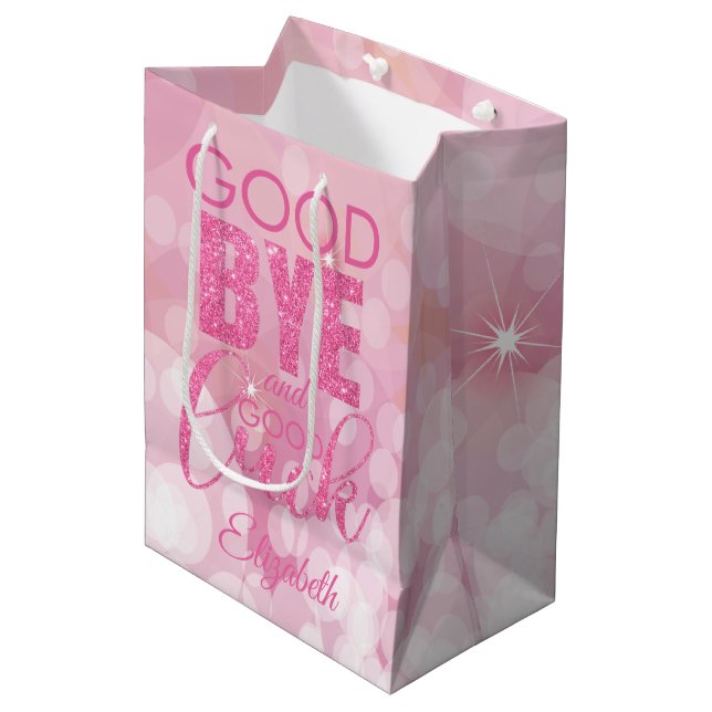 Pink Glitzer Auf Wiedersehen und Viel Glück Mittlere Geschenktüte (Vorderseite Schrägansicht)