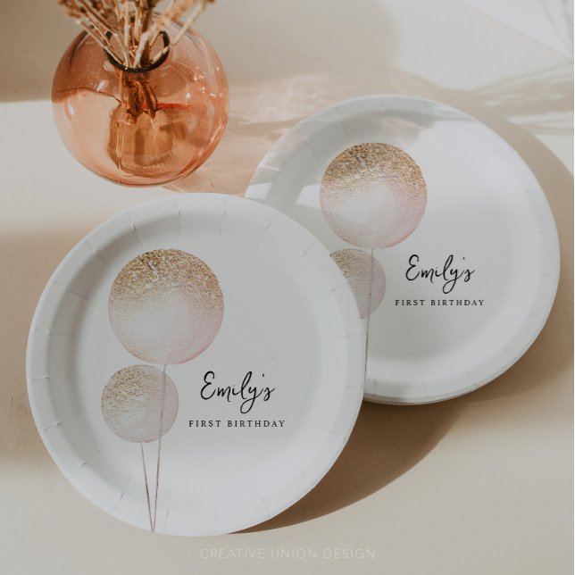 Pink Glitzer Balloons Girl First Birthday Party Pappteller (Minimal First Birthday)