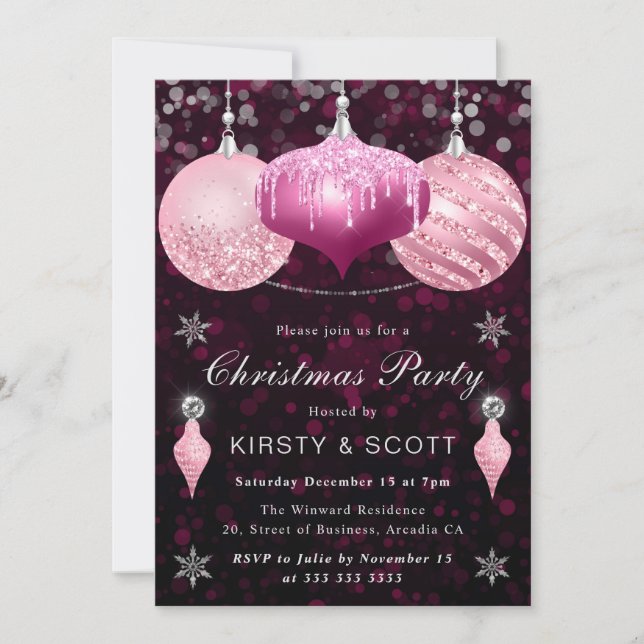 Pink Glitzer Baubles Weihnachtsessen Party Einladung (Vorderseite)