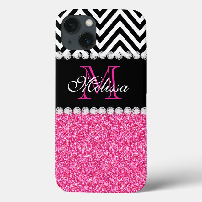PINK GLITZER BLACK ZICKZACK MIT MONOGRAMM Case-Mate iPhone HÜLLE (Rückseite)