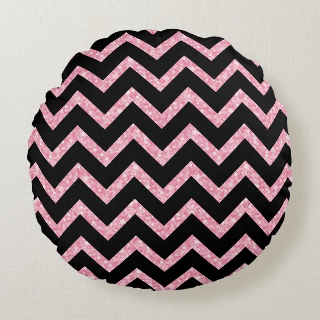 Pink Glitzer Black Zickzack Zigzag Muster Rundes Kissen (Vorderseite)