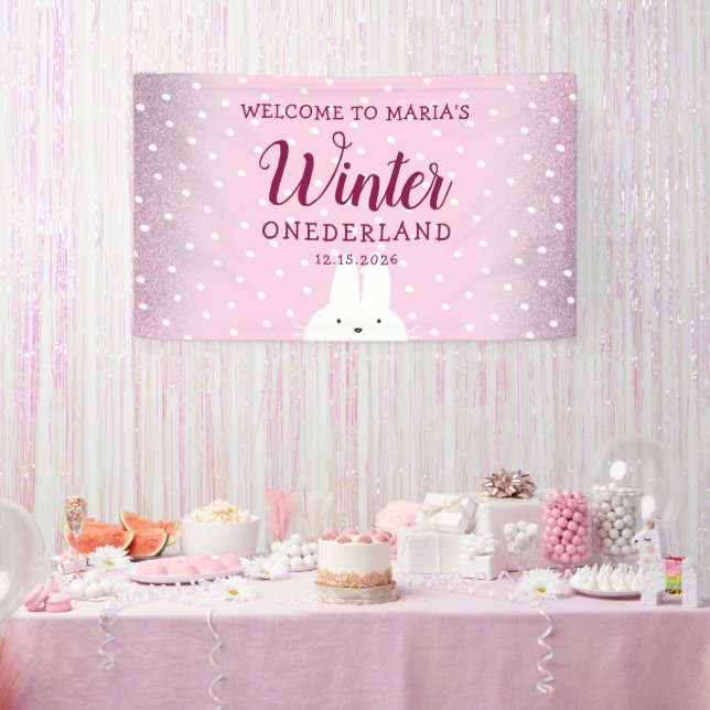 Pink Glitzer Bunny Winter Onederland Banner (Party)