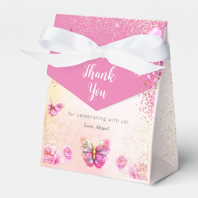 Pink Glitzer Butterfly Baby Dusche Gefälligkeitsbo Geschenkschachtel (Vorderseite)