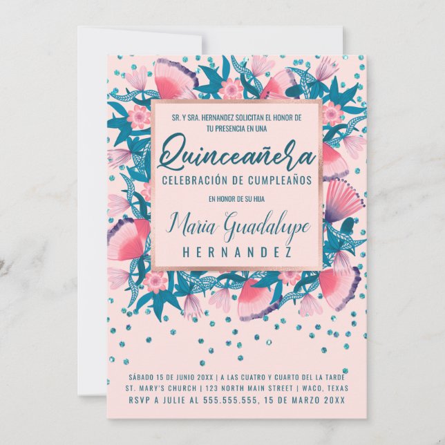 Pink Glitzer Confetti Floral Español Quinceañera Einladung (Vorderseite)