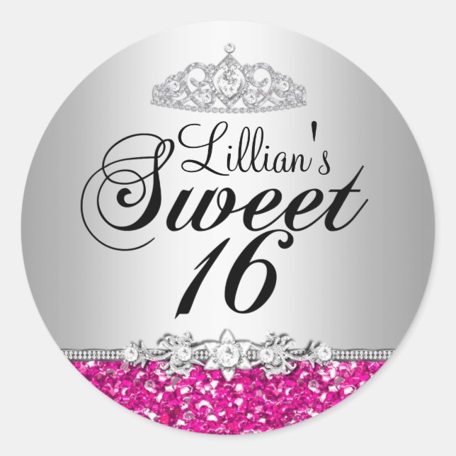 Pink Glitzer & Diamond Tiara Sweet 16 Aufkleber (Vorderseite)