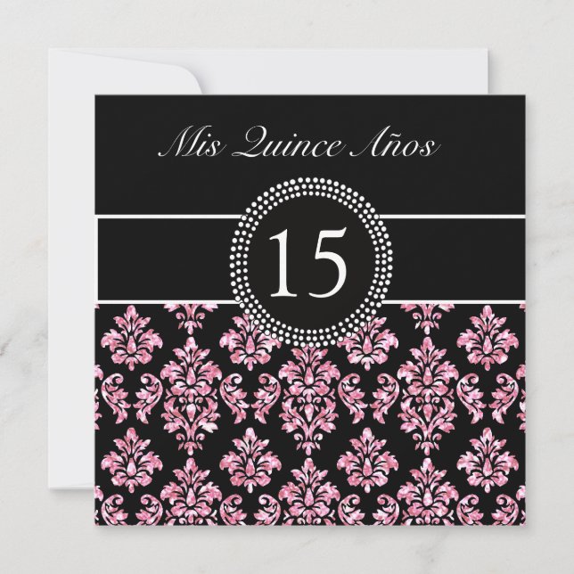 PINK GLITZER DRUCKT, SCHWARZER DAMASK QUINCEANERA EINLADUNG (Vorderseite)
