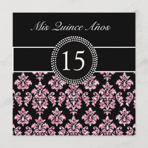 PINK GLITZER DRUCKT, SCHWARZER DAMASK QUINCEANERA EINLADUNG