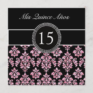 PINK GLITZER DRUCKT, SCHWARZER DAMASK QUINCEANERA EINLADUNG