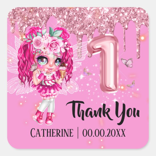 Pink Glitzer Fee Mädchen niedliche Anime Danke 1. Quadratischer Aufkleber (Vorderseite)