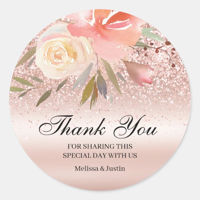 Pink Glitzer Floral Wedding Vielen Dank Runder Aufkleber (Vorderseite)