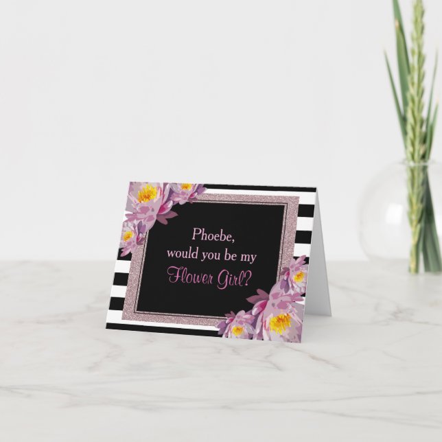 Pink Glitzer Floral werden Sie meine Blume Mädchen Einladung (Vorderseite)