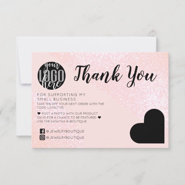 Pink Glitzer Geo Heart Logo Kunde Vielen Dank Dankeskarte (Vorderseite)