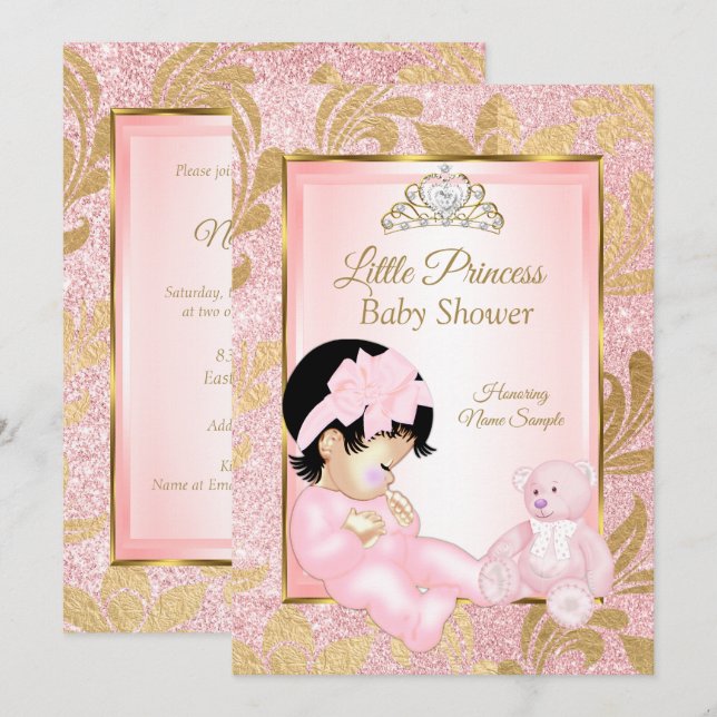 Pink Glitzer Gold Baby Duschbär Einladung (Vorne/Hinten)