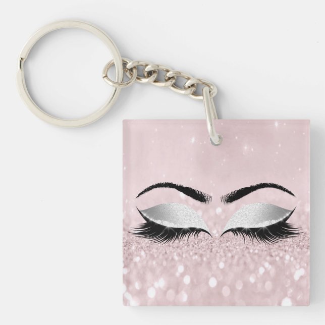Pink Glitzer Gray Girly Makeup Lashes Schlüsselanhänger (Vorderseite)