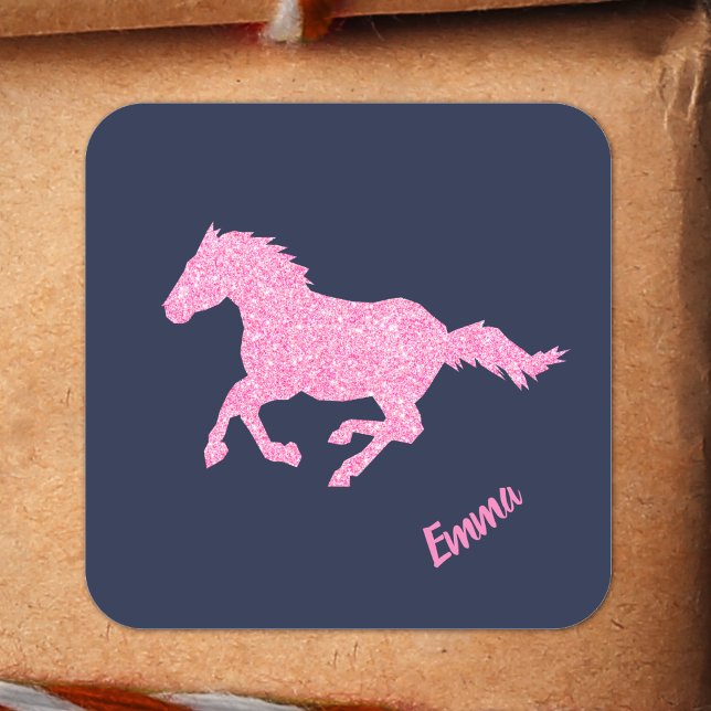 Pink Glitzer Horse Little Girl Vorname Tier Quadratischer Aufkleber (Von Creator hochgeladen)
