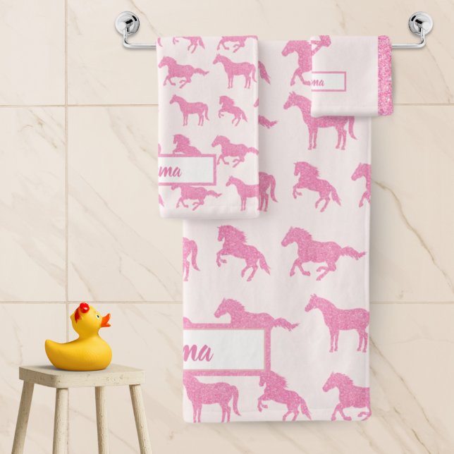 Pink Glitzer Horse Pattern Little Girl Vorname Badhandtuch Set (Von Creator hochgeladen)
