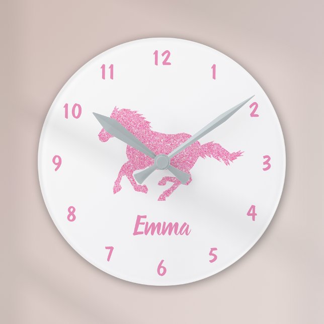 Pink Glitzer Horse Pattern Little Girl Vorname Runde Wanduhr (Von Creator hochgeladen)